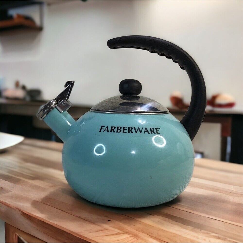 Farberware Luna Whistling Stovetop Tea Kettle Pot Turquoise Aqua Blue